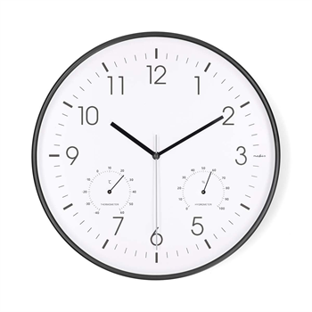 Nástěnné hodiny NEDIS CLWA4226BK, tichý chod, teploměr, vlhkoměr, plast, 30cm